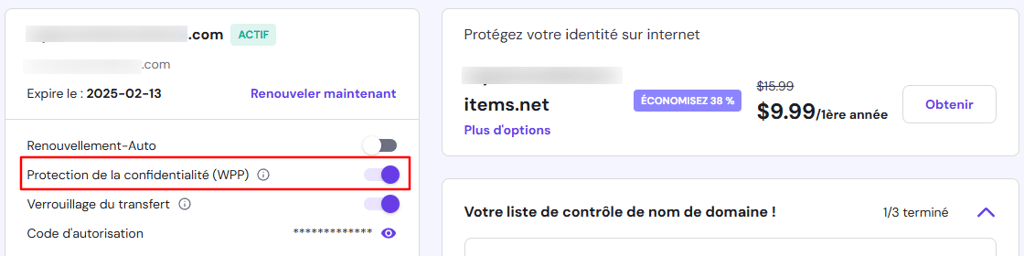 L'option de protection de la confidentialit&eacute; de Hostinger
