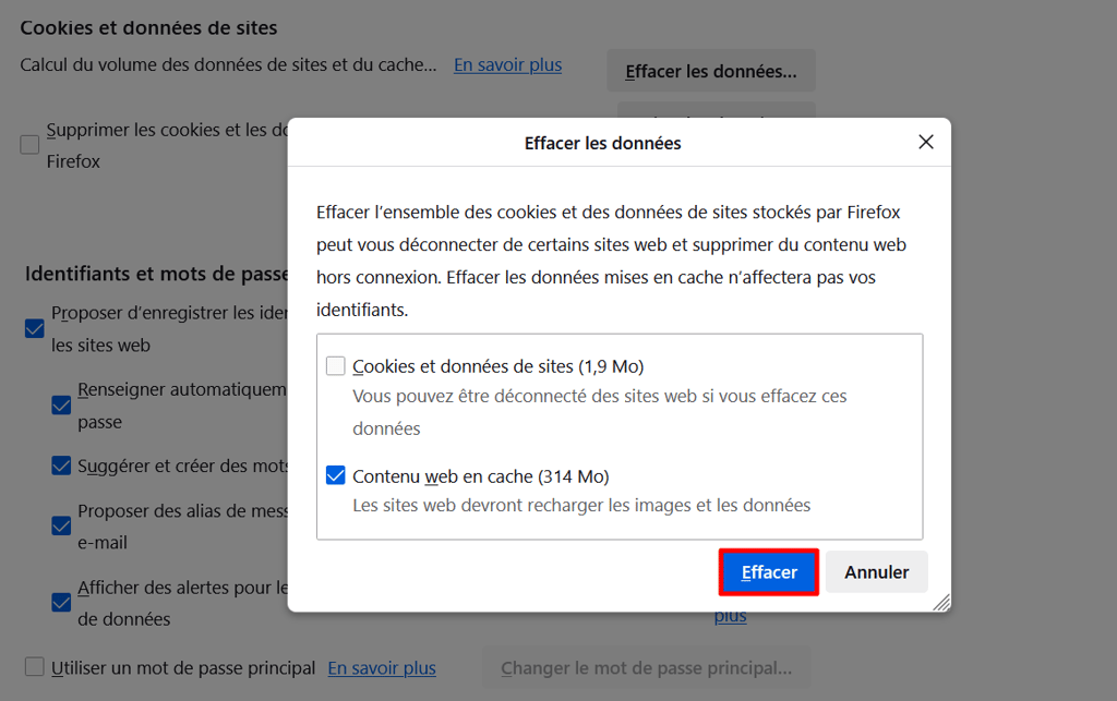 Effacer les donn&eacute;es dans la fen&ecirc;tre pop-up avec le bouton Effacer en surbrillance