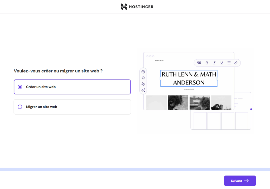 &Eacute;cran d'onboarding de Hostinger montrant l'option de cr&eacute;er ou de migrer un site web