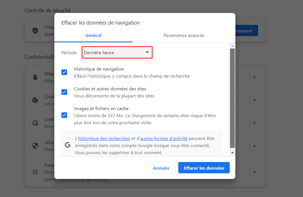 Fen&ecirc;tre contextuelle "Effacer les donn&eacute;es de navigation" dans Chrome, avec le menu d&eacute;roulant "P&eacute;riode" en surbrillance.