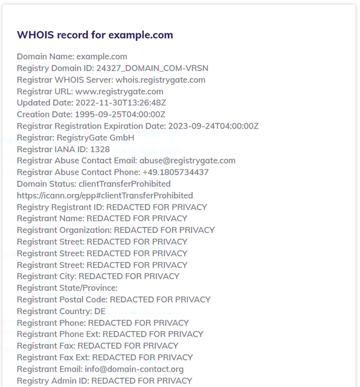 Exemple d'un enregistrement WHOIS privé dans l'outil de recherche de domaine de Hostinger