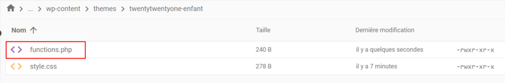 Le fichier functions.php dans le dossier twentytwentyone-enfant