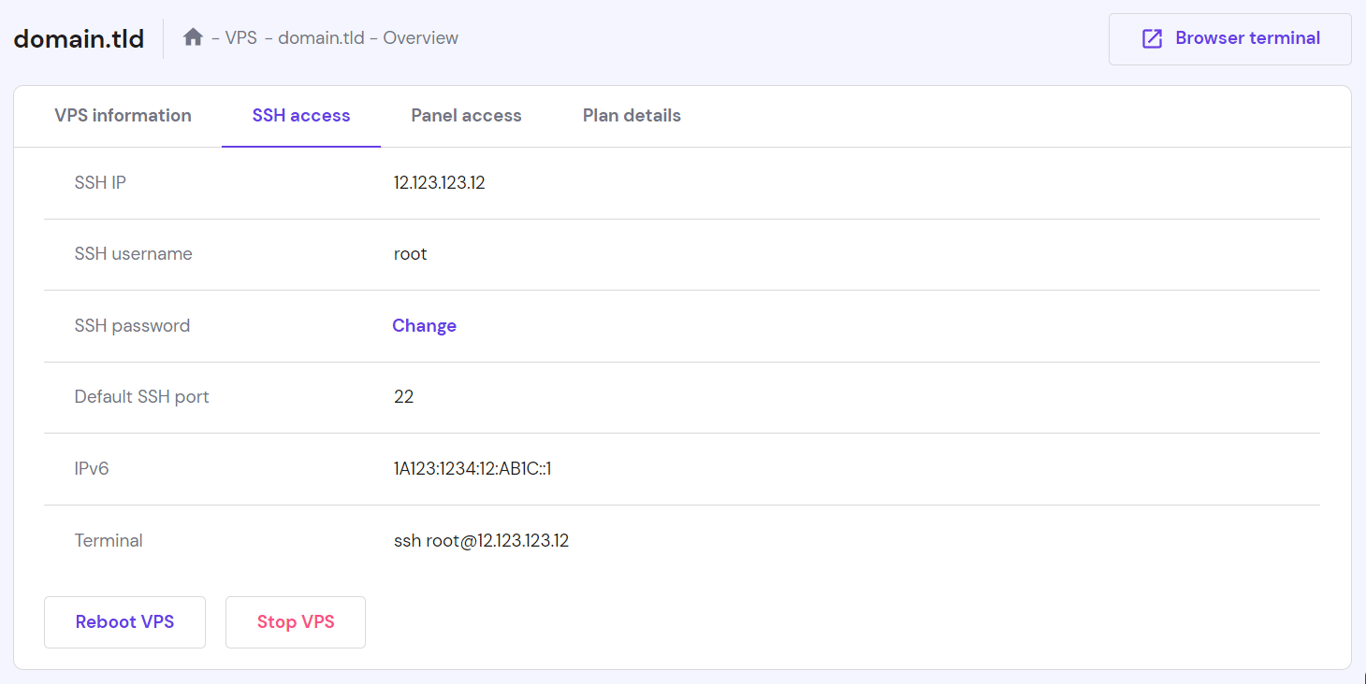 Identifiants de connexion SSH du VPS dans hPanel