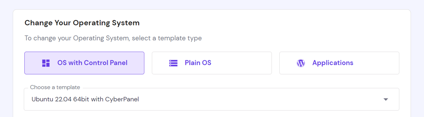 Menu de sélection du système d'exploitation du VPS et du template de panneau de contrôle dans hPanel