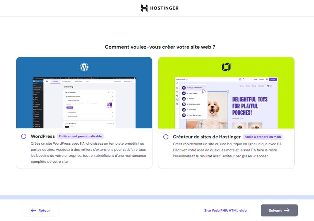 L'&eacute;cran d'onboarding d'Hostinger montrant l'option de cr&eacute;er un site web sur WordPress ou le Cr&eacute;ateur de site web d'Hostinger