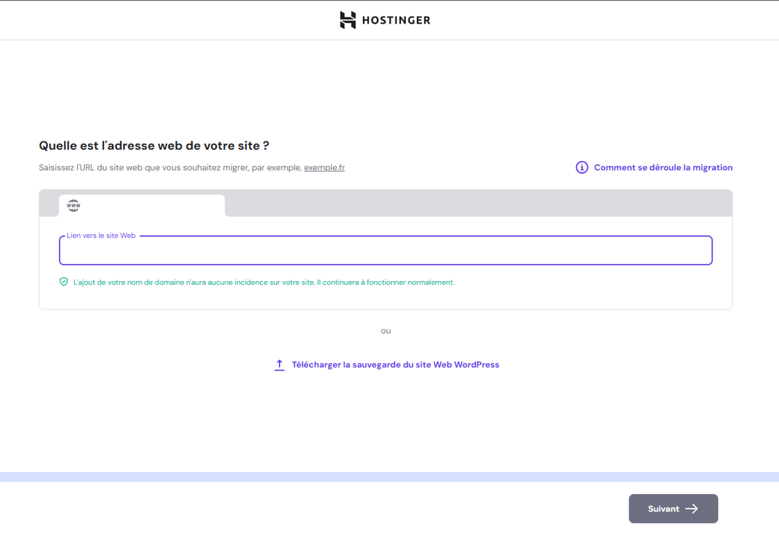 Entrer l'URL du site web dans le flux de migration Hostinger