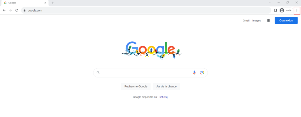Page d'accueil du navigateur Google Chrome avec le symbole de l'ellipse verticale en haut &agrave; droite de l'&eacute;cran mis en &eacute;vidence.