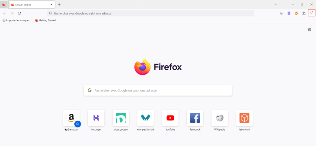 Page d'accueil du navigateur Mozilla Firefox avec le symbole des trois lignes horizontales en haut &agrave; droite de l'&eacute;cran mis en &eacute;vidence.