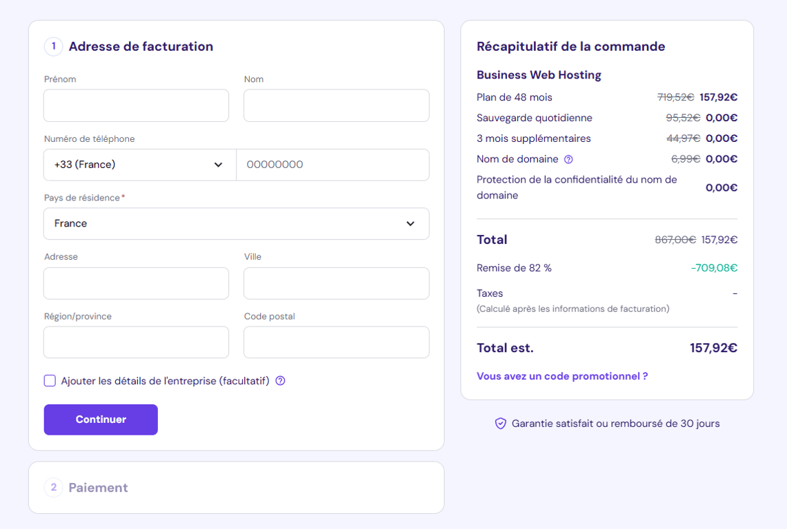 Saisir l'adresse de facturation sur la page de paiement Hostinger