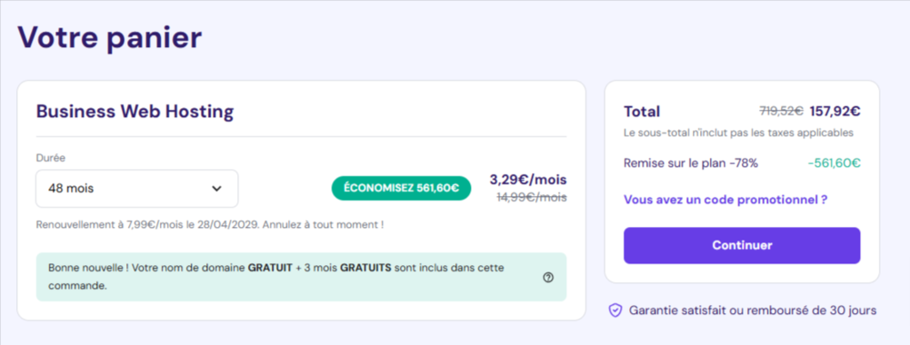 Choisir la p&eacute;riode d'h&eacute;bergement de Hostinger