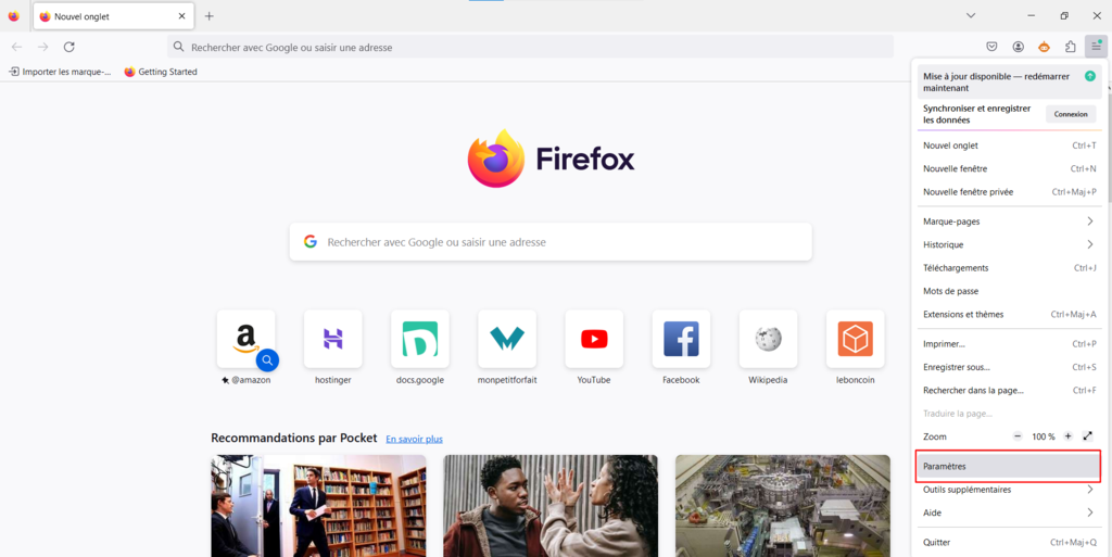 Menu d&eacute;roulant du navigateur Mozilla Firefox ouvert avec l'option "Param&egrave;tres" en surbrillance.	