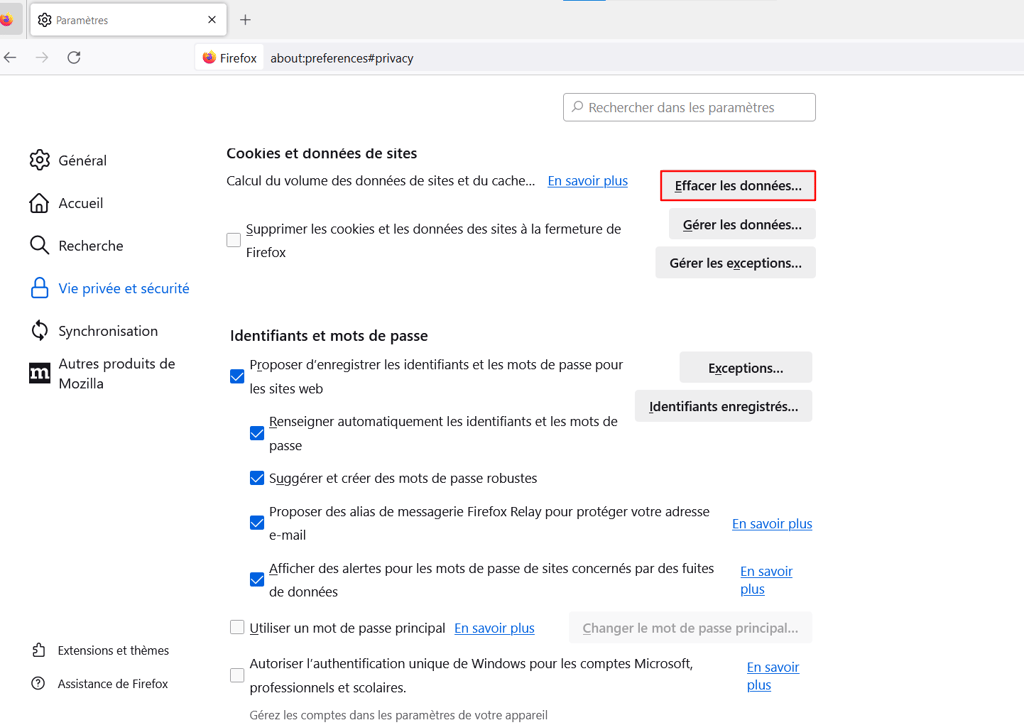 Menu cookies et donn&eacute;es du site avec bouton "effacer les donn&eacute;es" en surbrillance
