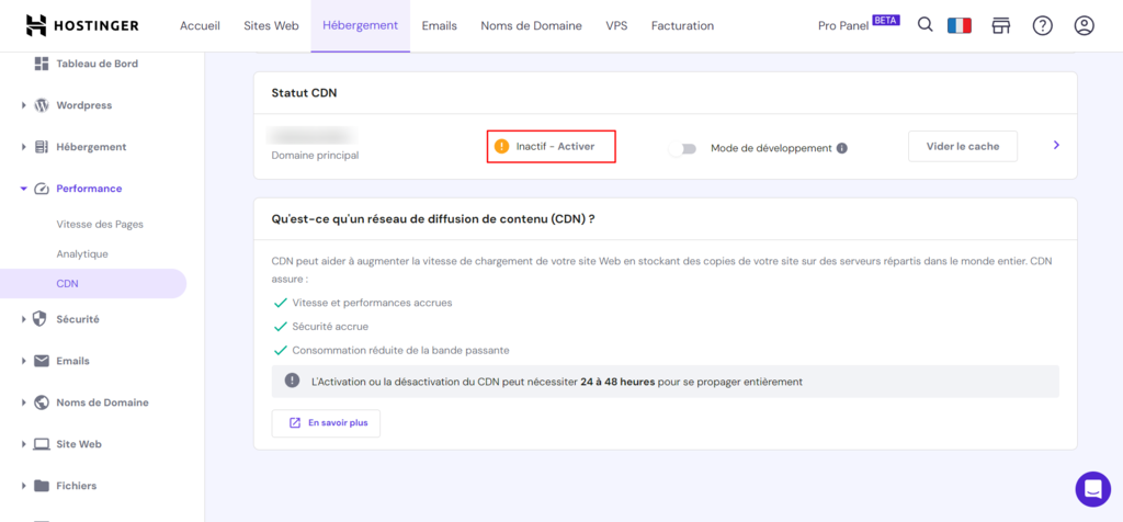Le CDN d'Hostinger avec la section Activer sélectionnée.