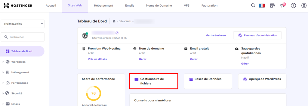 Menu Gestionnaire de fichiers dans hPanel