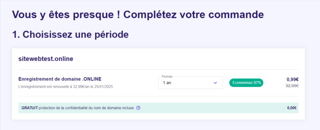 choisir la p&eacute;riode d'enregsiterement d'un nom de domaine chez Hostinger