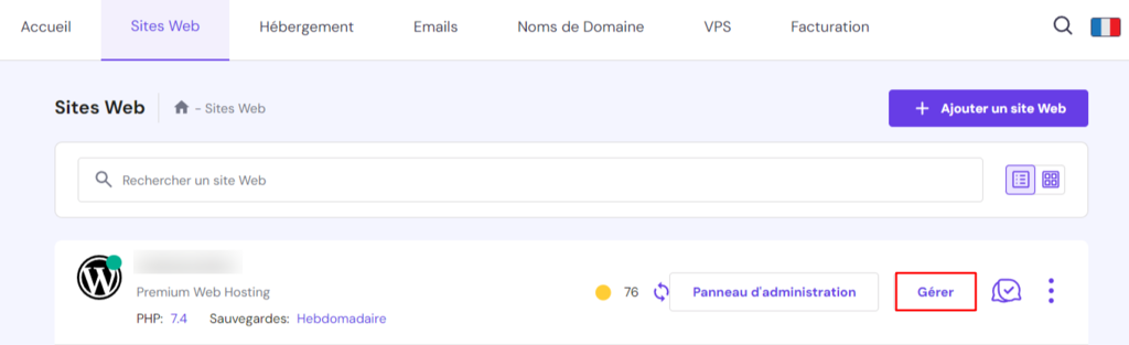 Le bouton Gérer à côté du nom de domaine sur l'écran Sites web de hPanel