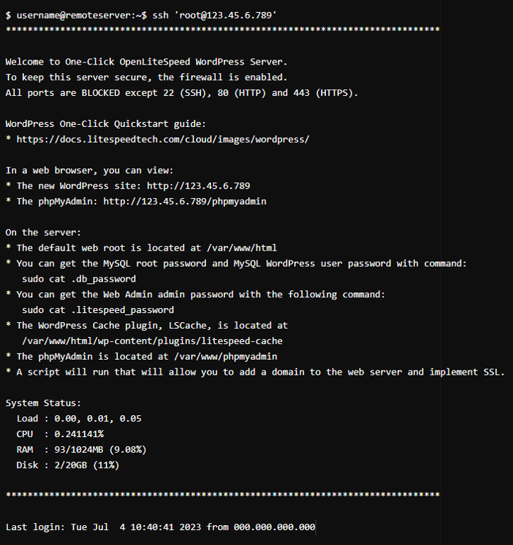 Exemple de connexion SSH réussie à un serveur distant