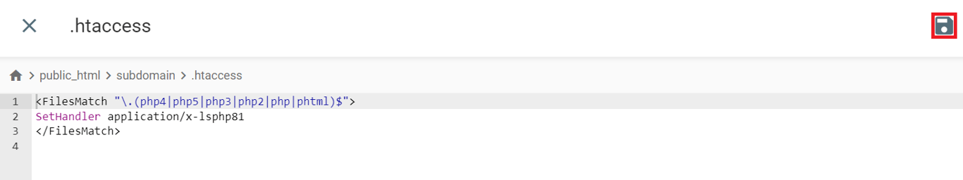 L'icône de disquette pour l'enregistrement du changement de fichier .htaccess