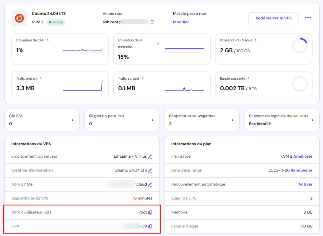 Identifiants de connexion VPS SSH dans hPanel