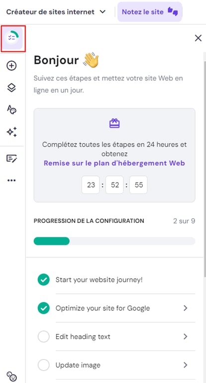 icone-liste-de-l'installation-du-site Editeur du Créateur de site Hostinger, en mettant en évidence l'icône Liste de l'installation du site.
