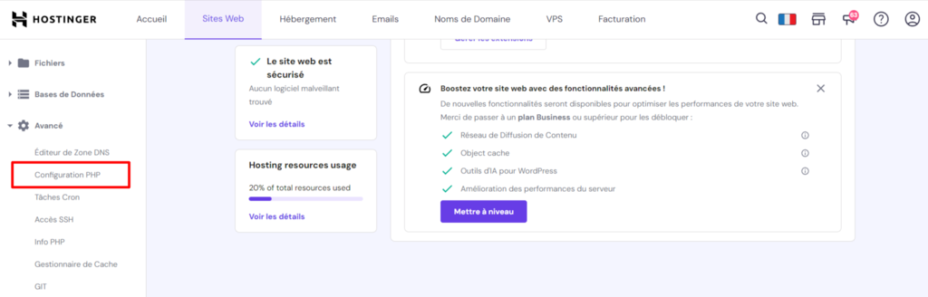 onglet-configuration-php-hpanel Menu de configuration PHP dans hPanel
