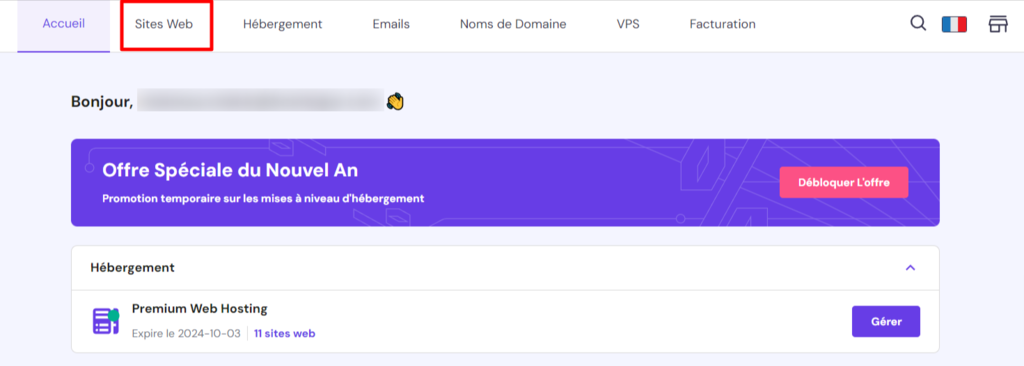 Menu Sites Web dans la page d'accueil de hPanel