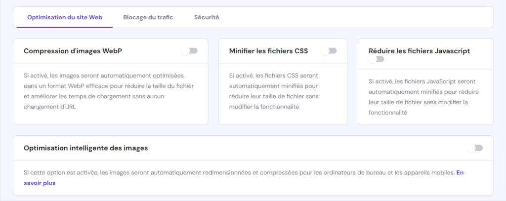 Accès à l'onglet Optimisation du site web dans le menu CDN de hPanel