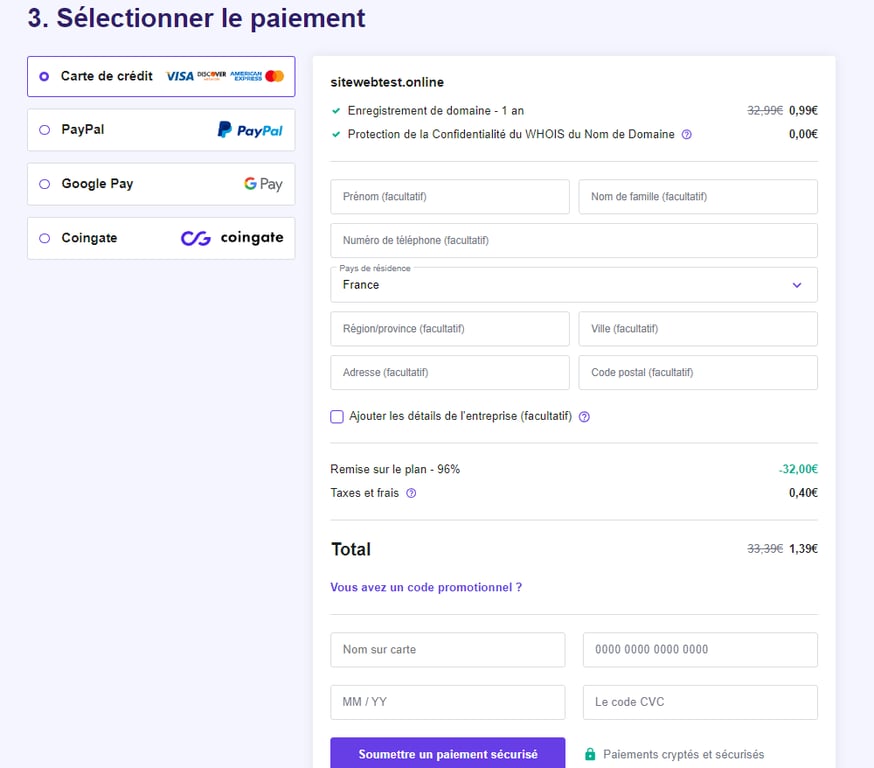 Payer pour acheter le nom de domaine