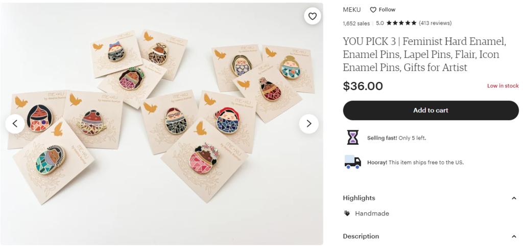 Exemple de enamel pins faits à la main et vendues en ligne