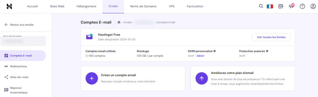 la section Comptes E-mail dans le menu de hPanel