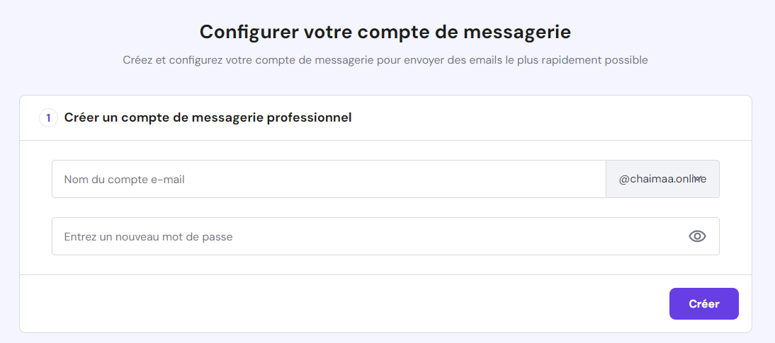Le formulaire Configurer votre compte de messagerie sur hPanel
