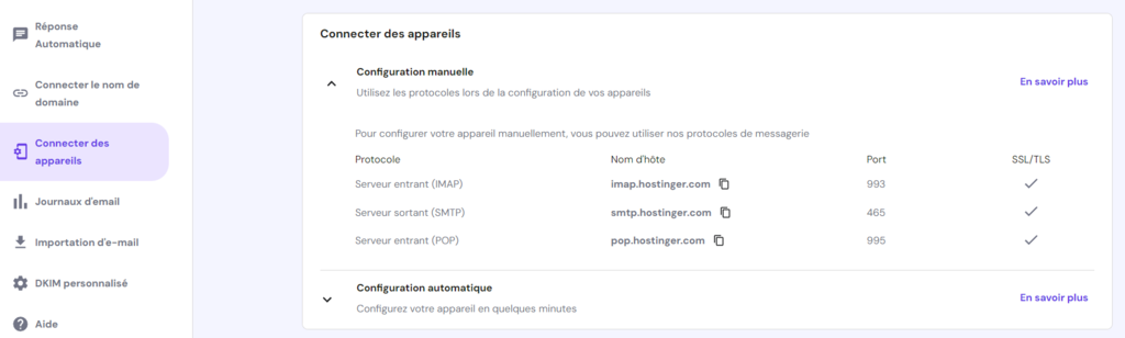 Param&egrave;tres de configuration manuelle de la messagerie de hPanel