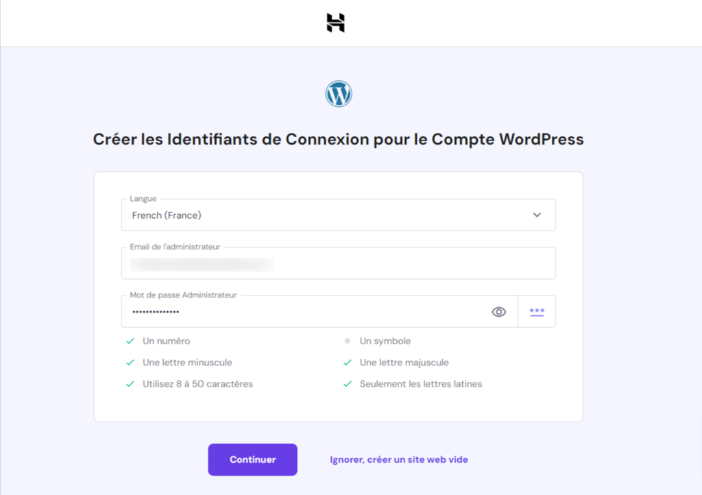 La page de configuration d'un compte WordPress sur Hostinger