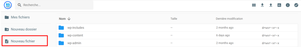 Gestionnaire de fichiers avec le bouton nouveau fichier mis en évidence