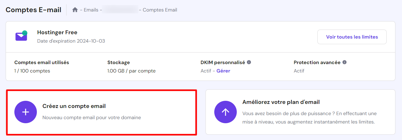 Bouton Créer un nouveau compte email de hPanel.