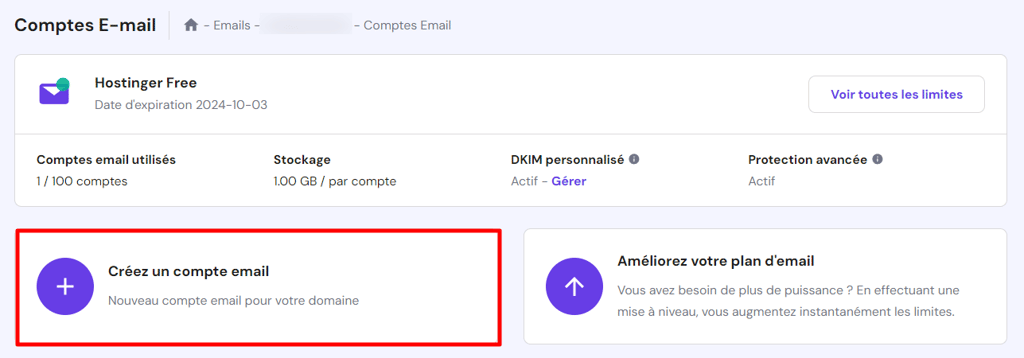 Bouton Cr&eacute;er un nouveau compte email de hPanel.