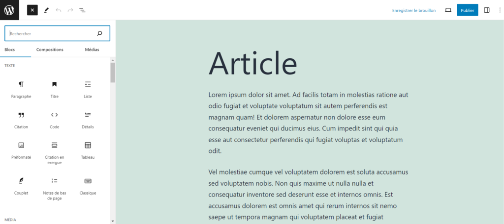 L'éditeur WordPress Gutenberg, où les utilisateurs peuvent modifier le contenu de leurs pages et de leurs articles.