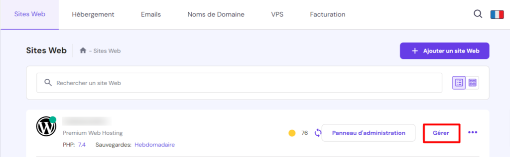 La page Sites web sur hPanel. Le bouton G&eacute;rer est en surbrillance