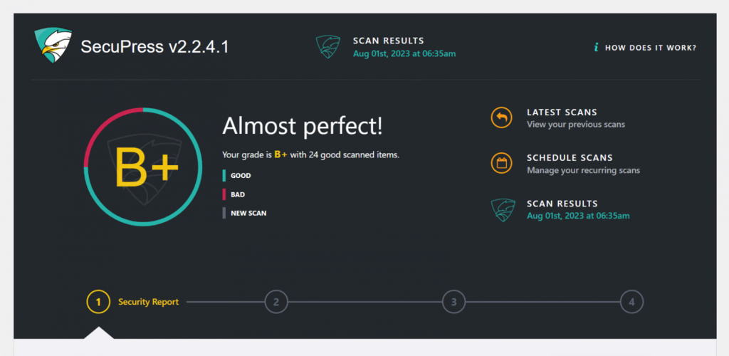 Rapport de s&eacute;curit&eacute; de SecuPress, montrant les r&eacute;sultats de l'analyse