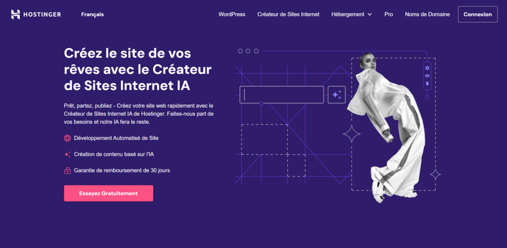 développement-web-ia Page d'accueil du créateur de sites internet IA de Hostinger