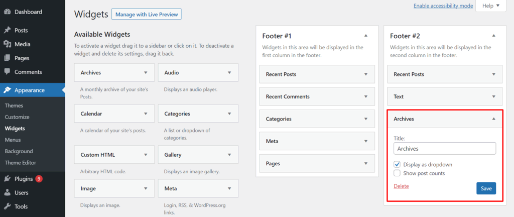 La zone des widgets, mettant en évidence un widget Archives nouvellement ajouté
