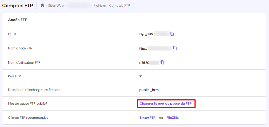 section Comptes FTP sur hPanel montrant où changer votre mot de passe FTP