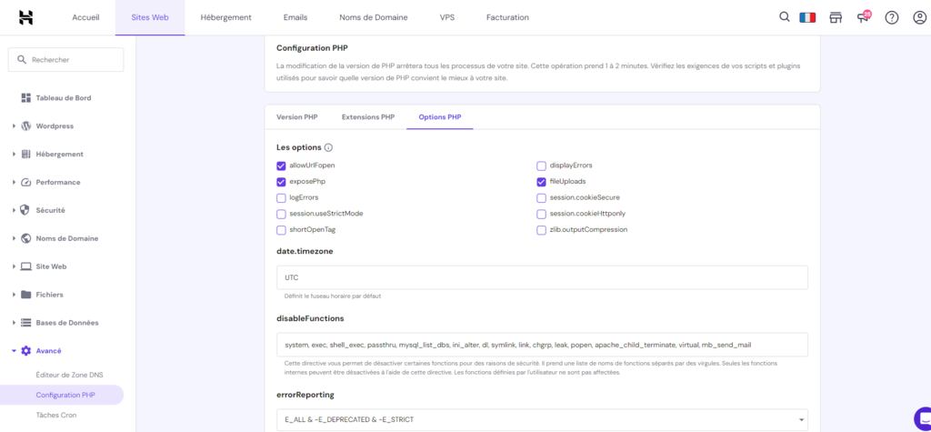 Section de configuration PHP dans hPanel