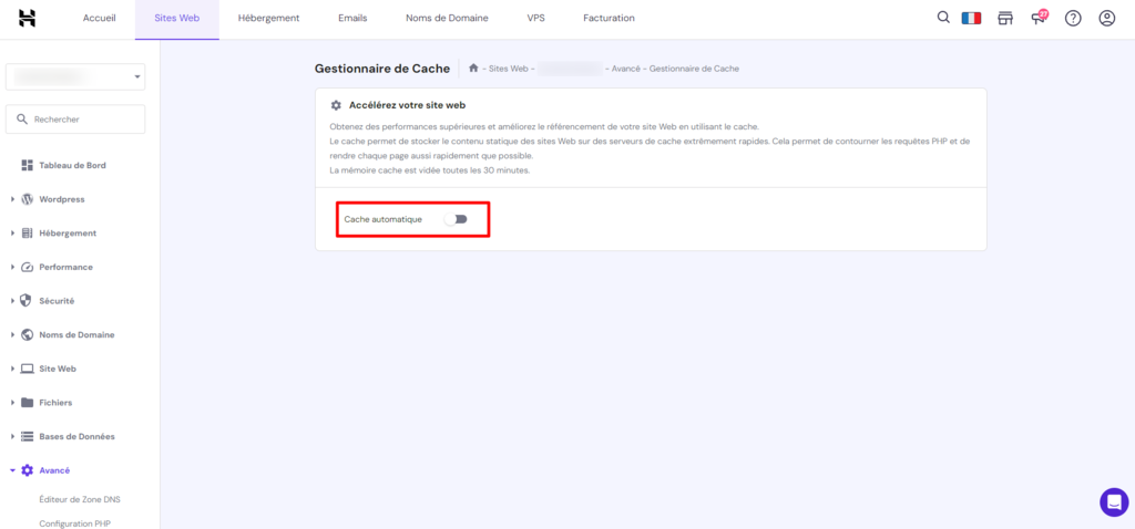 La page Gestionnaire de Cache sur hPanel
