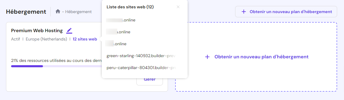 La page Hébergement sur hPanel. La liste des domaines actuellement ajoutés 