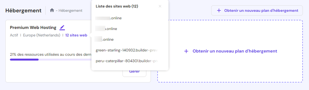La page H&eacute;bergement sur hPanel. La liste des domaines actuellement ajout&eacute;s 
