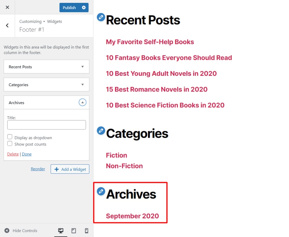 Le personnalisateur de widgets, avec la partie réorganisée en surbrillance