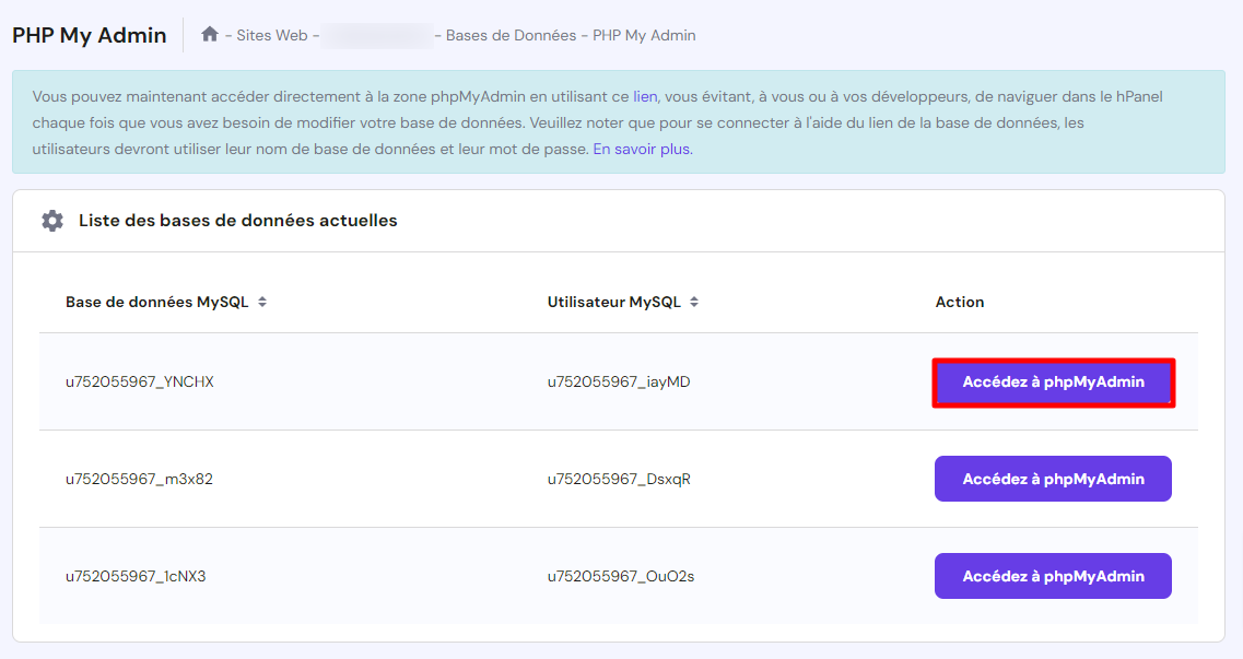 La section phpMyAdmin sur hPanel. Le bouton Accéder à phpMyAdmin est en surbrillance.