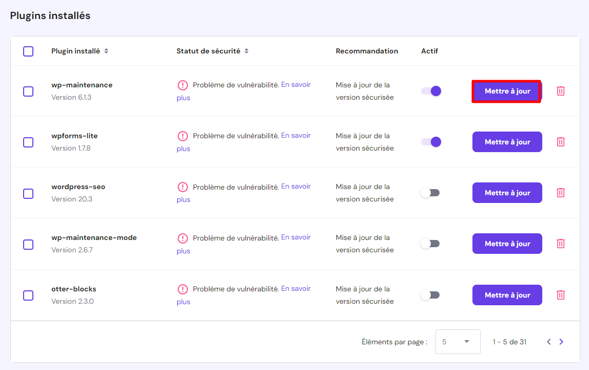 Mise à jour des plugins sur la page de sécurité WordPress de hPanel