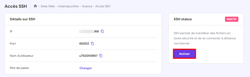 La section Acc&egrave;s SSH montrant que votre statut SSH est inactif et o&ugrave; se trouve le bouton Activer pour le changer.